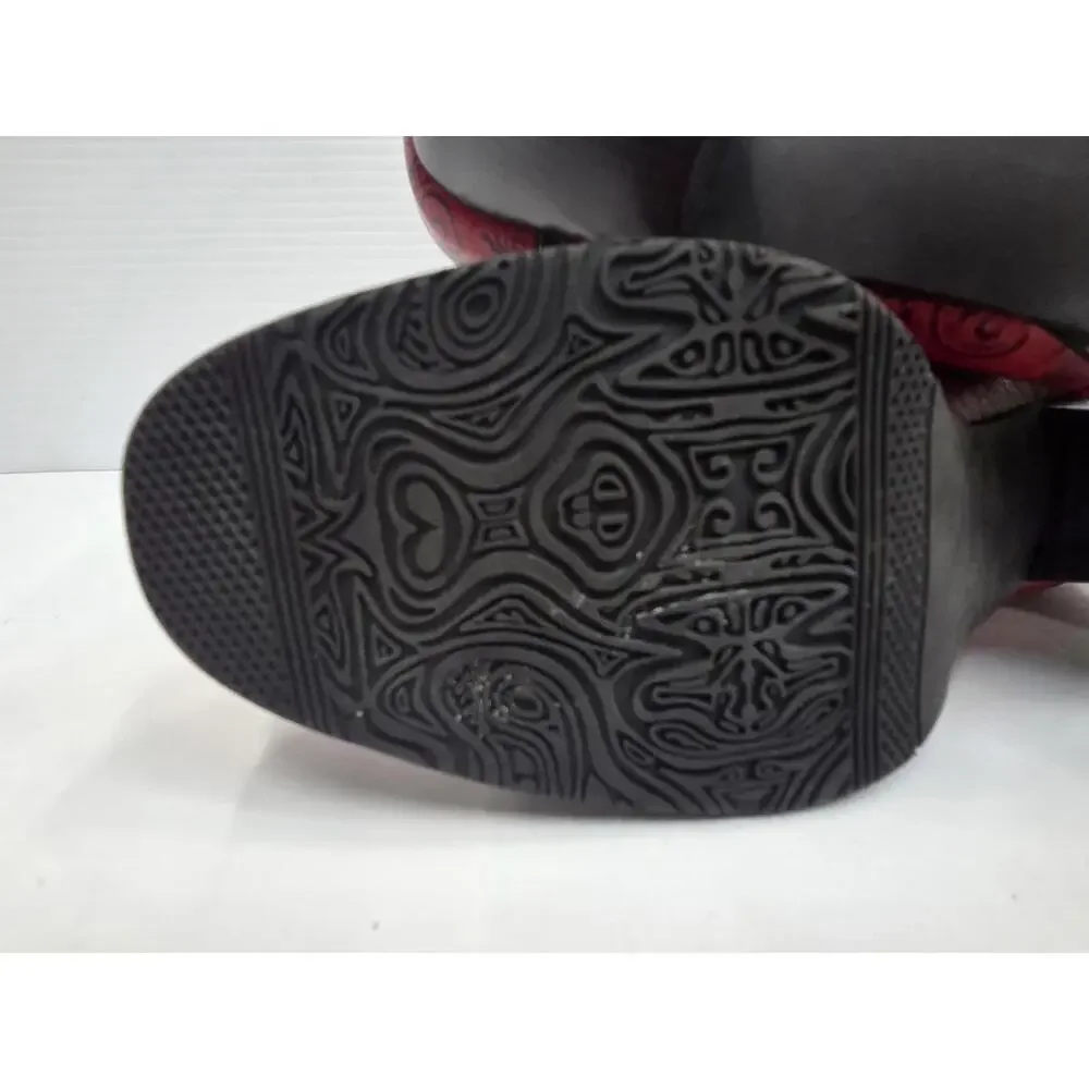 Red Paisley Heel Shoes Womens Size 39 US 8 Lace Up Leather Print Vintage Style - Picture 9 of 13